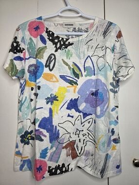 🌷Gerard Women's L Multicolor Floral Bright Pattern Short Sleeve Soft Feel Tee